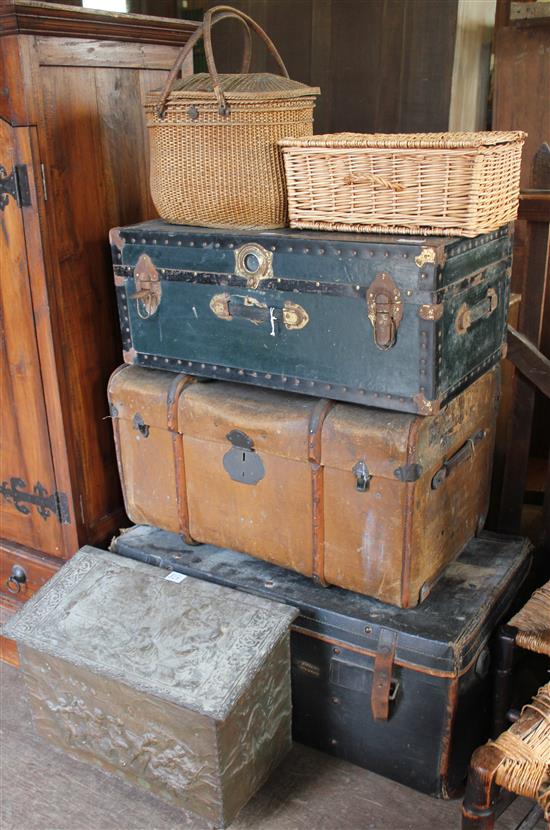 3 travel trunks, 2 baskets & log box